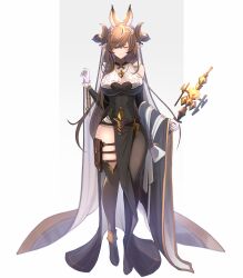 Rule 34 | 1girl, absurdres, asymmetrical hair, asymmetrical legwear, bare shoulders, black footwear, black thighhighs, breasts, brown hair, closed eyes, closed mouth, detached sleeves, dress, facing viewer, full body, galleon (granblue fantasy), gloves, granblue fantasy, high heels, highres, holding, horns, jewelry, large breasts, long hair, pointy ears, simple background, smile, solo, standing, thigh strap, thighhighs, very long hair, white background, white gloves, yuuhi (yuuvi83)
