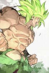 Rule 34 | 1boy, abs, bara, broly (dragon ball super), clenched hand, dragon ball, dragon ball super, dragon ball super broly, evil smile, fingernails, frown, glowing, glowing hair, green hair, highres, large pectorals, legendary super saiyan, male focus, muscular, nipples, no pupils, open mouth, pectorals, profile, topless male, smile, solo, spiked hair, super saiyan, yunar