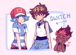 Rule 34 | 1girl, 2boys, arrow (symbol), ash ketchum, ash ketchum (cosplay), bad id, bad pixiv id, baseball cap, blue eyes, blue hair, blue pants, blue sailor collar, bright pupils, catsubun (kkst0904), closed eyes, commentary, cosplay, costume switch, creatures (company), dark-skinned male, dark skin, game freak, hairband, hands up, hat, heart, jewelry, kiawe (pokemon), lana (pokemon), lana (pokemon) (cosplay), multiple boys, necklace, nintendo, no sclera, one-piece swimsuit, open mouth, pants, pokemon, pokemon (anime), pokemon sm (anime), red headwear, sailor collar, shirt, short hair, short sleeves, sleeveless, sleeveless shirt, smile, striped clothes, striped shirt, swimsuit, swimsuit under clothes, t-shirt, topless male, white pupils, white shirt, yellow hairband