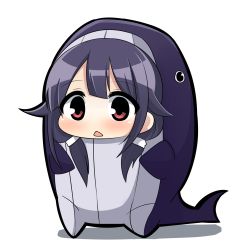 Rule 34 | 10s, 1girl, alternate costume, animal costume, blush, chibi, costume, hair flaps, hair ornament, hair tubes, kantai collection, low twintails, open mouth, purple hair, red eyes, simple background, solo, taigei (kancolle), triangle mouth, twintails, twumi, whale, white background
