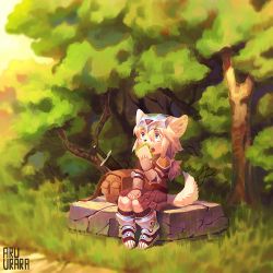 Rule 34 | 1girl, armor, blonde hair, blue eyes, dog, female focus, food, forest, furry, furry female, hat, inuki (aruurara), nature, open mouth, outdoors, pack (artist), plant, sandwich, short hair, skirt, solo
