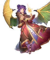 Rule 34 | 1girl, bead necklace, beads, bracelet, brown capelet, brown coat, capelet, circlet, coat, dragon girl, dragon wings, dragonstone, dress, essual (layer world), fire emblem, fire emblem: the sacred stones, fire emblem heroes, fringe trim, full body, glowing, gold trim, green wings, hair ornament, hair tie, hand to own mouth, high-low skirt, highres, hood, hood down, jewelry, light smile, long hair, looking at viewer, multi-tied hair, multicolored clothes, multicolored coat, myrrh (fire emblem), necklace, nintendo, non-web source, official, official alternate costume, official art, pale skin, purple hair, red coat, red eyes, sandals, shin strap, short dress, smile, solo, stone, toeless footwear, toes, transparent background, twintails, veil, white dress, wings, wristband, yellow wings