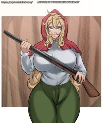 Rule 34 | 1girl, artist request, blonde hair, blue eyes, breasts, capelet, curvy, green pants, grimm (red hood), gun, holding, holding gun, holding weapon, hood, hood up, hooded capelet, huge breasts, long hair, looking at viewer, mature female, pants, red hood, red hood (kawaguchi), shirt, shirt tucked in, solo, thick thighs, thighs, weapon, white shirt, wide hips