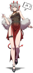 Rule 34 | 1girl, absurdres, antennae, arknights, bare shoulders, belt, black belt, breasts, commentary request, double bun, dress, feather boa, full body, grey hair, grin, hair bun, highres, horns, looking at viewer, medium breasts, official alternate costume, orange eyes, samacho, short hair, sleeveless, sleeveless dress, smile, solo, standing, tail, thigh strap, thighs, w (arknights)
