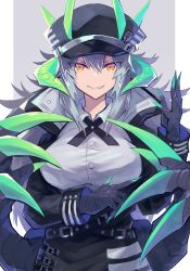 Rule 34 | 1girl, belt, black hat, claws, commentary request, dragon girl, dragon horns, extra arms, green horns, grey background, grin, hat, highres, horns, long hair, original, peaked cap, sasa onigiri, sharp teeth, shirt, silver hair, smile, solo, teeth, two-tone background, white background, white shirt, yellow eyes