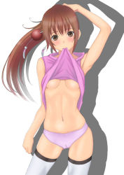 Rule 34 | 1girl, armpits, breasts, brown eyes, brown hair, cameltoe, clothes in mouth, clothes lift, cowboy shot, hair ornament, lifted by self, long hair, looking at viewer, medium breasts, mouth hold, muffin (sirumeria), navel, no pants, original, panties, ponytail, purple panties, purple shirt, shirt, shirt in mouth, shirt lift, simple background, solo, thighhighs, underboob, underwear, white background, white thighhighs