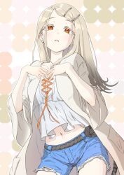 Rule 34 | 1girl, camisole, cowboy shot, denim, denim shorts, earrings, expressionless, gakuen idolmaster, grey hair, hair ornament, hairclip, hands on own chest, highres, idolmaster, jacket, jewelry, long hair, looking at viewer, navel, open clothes, open jacket, orange eyes, parted lips, shinosawa hiro, short shorts, shorts, solo, stud earrings, tamashiro nuta, white camisole