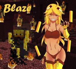 Rule 34 | 1girl, blaze (minecraft), blonde hair, breasts, cleavage, fire, long hair, lowres, minecraft, lava, panties, smile, solo, thighhighs, underwear, very long hair