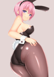 Rule 34 | 1girl, animal ears, ass, blue eyes, breasts, brown background, cowboy shot, fake animal ears, fishnet pantyhose, fishnets, from below, go-toubun no hanayome, grey background, large breasts, looking at viewer, nakano ichika, pantyhose, pink hair, playboy bunny, rabbit ears, rabbit girl, rabbit tail, short hair, simple background, smile, solo, tail, toshishikisai, wrist cuffs