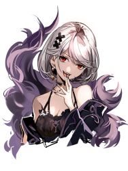 Rule 34 | 1girl, :d, alter ego malevolent (granblue fantasy), black choker, black nails, breasts, choker, cleavage, cunonn, djeeta (granblue fantasy), earrings, granblue fantasy, hair ornament, halterneck, jewelry, licking, licking finger, looking at viewer, medium breasts, medium hair, nail polish, open mouth, red eyes, simple background, smile, solo, swept bangs, tongue, tongue out, white background, white hair, x hair ornament