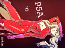 Rule 34 | 10s, 1girl, arm up, artist name, bodysuit, boots, breasts, cleavage, fake tail, floating hair, gloves, grey eyes, hair ornament, hairclip, k utao, knee boots, looking at viewer, lying, medium breasts, on back, parted lips, partially unzipped, persona, persona 5, pink footwear, pink gloves, red background, red bodysuit, silver hair, solo, tail, takamaki anne, twintails