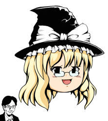 Rule 34 | 1boy, 1girl, bespectacled, blonde hair, glasses, hat, kirisame marisa, lilac (artist), lilac (p-f easy), partially colored, simple background, touhou, white background, witch, witch hat, yukkuri shiteitte ne, zun