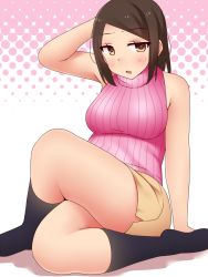 Rule 34 | 1girl, :o, arm behind head, arm up, bad id, bad nicoseiga id, bare arms, bare shoulders, blush, breasts, brown eyes, brown hair, crossed legs, female focus, kneehighs, large breasts, looking at viewer, neri sachiko, no shoes, open mouth, original, plump, ribbed sweater, short hair, shorts, simple background, sitting, sleeveless, sleeveless turtleneck, socks, solo, striped, sweater, sweater vest, swept bangs, thick thighs, thighs, turtleneck, vertical stripes