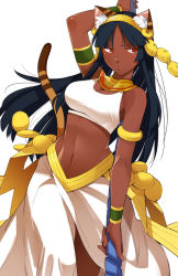 Rule 34 | 1girl, aiba-tsukiko, animal ears, bastet (p&amp;d), black hair, cat ears, cat tail, dark skin, dark-skinned female, egyptian, fusion, headband, highres, isis (p&amp;d), jewelry, lots of jewelry, midriff, navel, puzzle &amp; dragons, red eyes, solo, staff, tail