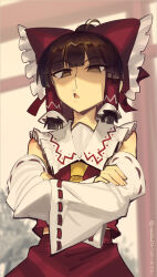 1girl ahoge ascot boa_(brianoa) bow brown_eyes brown_hair crossed_arms detached_sleeves hair_bow hair_tubes hakurei_reimu looking_at_viewer open_mouth red_bow red_skirt ribbon-trimmed_sleeves ribbon_trim sidelocks skirt solo touhou upper_body yellow_ascot