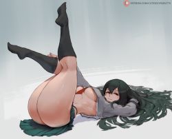 Rule 34 | 10s, 1girl, ass, asui tsuyu, between breasts, boku no hero academia, breasts, curvy, cutesexyrobutts, green hair, hair spread out, highres, huge ass, large breasts, legs up, long hair, looking at viewer, low-tied long hair, lying, on back, school uniform, smile, socks, solo, thick thighs, thighs, toes, underboob, very long hair, wide hips
