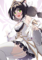Rule 34 | 1girl, animal ear fluff, animal ears, bare shoulders, black hair, blush, breasts, cat ears, cat girl, cleavage, detached sleeves, dress, green eyes, hair ribbon, highres, karyl (princess) (princess connect!), karyl (princess connect!), kibihimi, long hair, looking at viewer, low twintails, medium breasts, multicolored hair, navel, open mouth, princess connect!, ribbon, smile, solo, streaked hair, thighhighs, thighs, tiara, twintails, white dress, white hair, white thighhighs, wide sleeves