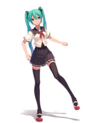 Rule 34 | 1girl, absurdres, fkey, full body, green eyes, green hair, hair ribbon, hatsune miku, highres, long hair, matching hair/eyes, pleated skirt, project diva, project diva (series), project diva 2nd, ribbon, school uniform, serafuku, shadow, shoes, signature, simple background, skirt, solo, standing, standing on one leg, thighhighs, twintails, uwabaki, vocaloid, white background