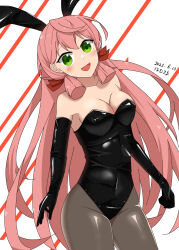 Rule 34 | 1girl, absurdres, akashi (kancolle), alternate costume, animal ears, bare shoulders, black gloves, black leotard, black pantyhose, blunt tresses, blush, breasts, cleavage, commentary request, cowboy shot, dated, fake animal ears, gloves, green eyes, hair between eyes, hamukiyo, highres, kantai collection, large breasts, leotard, long hair, looking at viewer, pantyhose, pink hair, playboy bunny, simple background, smile, solo, strapless, strapless leotard, striped, striped background, very long hair, white background