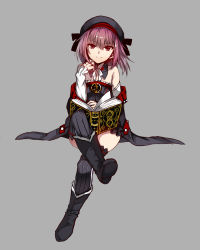 Rule 34 | 1girl, absurdres, bad id, bad pixiv id, bare shoulders, black legwear, book, boots, commentary request, crossed legs, dress, fate/grand order, fate (series), flat chest, full body, grey background, hat, helena blavatsky (fate), helena blavatsky (third ascension) (fate), highres, looking at viewer, nagatsuki take, open book, purple eyes, purple hair, ribbed legwear, sefirot, short hair, simple background, sitting, smile, solo, strapless