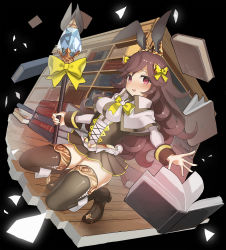 Rule 34 | 10s, 1girl, :d, animal ears, bad id, bad pixiv id, black background, blush, book, book stack, bookshelf, bow, bowtie, brown hair, brown thighhighs, capelet, ccaw, corset, dutch angle, flipped hair, floating, full body, hair bow, highres, holding, holding weapon, large bow, library, long hair, long sleeves, looking at viewer, merc storia, miniskirt, open book, open mouth, original, paper, pigeon-toed, pink eyes, pleated skirt, polearm, rabbit ears, rabbit tail, shiny clothes, shoes, skirt, smile, solo, squatting, staff, swept bangs, tail, tareme, thighhighs, wand, wavy hair, weapon, yellow bow, zettai ryouiki