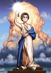 Rule 34 | 1girl, absurdres, animification, blue sky, blush, brown eyes, brown hair, chanta (ayatakaoisii), closed mouth, cloud, columbia pictures, cumulonimbus cloud, day, hand up, highres, holding, holding torch, huge filesize, looking at viewer, outdoors, parody, podium, robe, shawl, short hair, sky, smile, solo, standing, torch