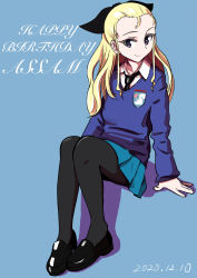 Rule 34 | 1girl, absurdres, assam (girls und panzer), black footwear, black necktie, black pantyhose, black ribbon, blonde hair, blue eyes, blue skirt, blue sweater, character name, closed mouth, commentary, cursive, dated, dress shirt, emblem, english text, girls und panzer, hair pulled back, hair ribbon, happy birthday, highres, invisible chair, loafers, long hair, long sleeves, looking at viewer, miniskirt, necktie, oritako, pantyhose, pleated skirt, ribbon, school uniform, shadow, shirt, shoes, sitting, skirt, smile, solo, st. gloriana&#039;s (emblem), st. gloriana&#039;s school uniform, sweater, v-neck, white shirt, wing collar