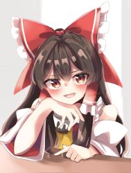 Rule 34 | 1girl, alcohol, artist name, ascot, bare shoulders, beer, blush, bow, brown eyes, brown hair, collar, collared dress, detached sleeves, dress, eyes visible through hair, glass, hair between eyes, hair ornament, hair tubes, hakurei reimu, hasumi suzuna, highres, long hair, long sleeves, looking at viewer, open mouth, red bow, red dress, sitting, solo, table, touhou, wall, white sleeves, wide sleeves, window, yellow ascot