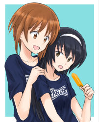 Rule 34 | 2girls, aqua background, black hair, blue shirt, brown eyes, brown hair, casual, clothes writing, commentary, food, girls und panzer, hairband, hand on another&#039;s shoulder, head tilt, holding, holding food, leaning back, long hair, looking at another, looking at viewer, multiple girls, mutsu (layergreen), nishizumi miho, open mouth, outside border, popsicle, print shirt, reizei mako, shirt, short hair, short sleeves, smile, t-shirt, white hairband