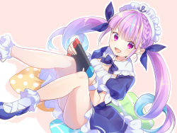 Rule 34 | 1girl, anchor symbol, blue hair, blunt bangs, bow, bowtie, braid, breasts, chipochopo324, controller, dress, drill hair, frilled legwear, frills, full body, hair bow, hands up, highres, holding, holding controller, hololive, juliet sleeves, knees up, long hair, long sleeves, looking at viewer, looking to the side, maid headdress, medium breasts, minato aqua, minato aqua (1st costume), nintendo switch, open mouth, pillow, puffy sleeves, purple bow, purple bowtie, purple dress, purple eyes, short sleeves, sidelocks, simple background, sitting, smile, solo, thighs, tongue, twintails, virtual youtuber, wrist cuffs