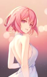 Rule 34 | 1girl, absurdres, backless dress, backless outfit, bai ou (crazy ones), bare shoulders, breasts, crazy ones, dress, gradient background, highres, looking at viewer, medium breasts, official art, pink eyes, pink hair, short hair, sleeveless, sleeveless dress, upper body, white dress