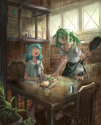 Rule 34 | 2girls, :d, bad id, bad pixiv id, bike shorts, blue dress, blue hair, bread slice, brown ribbon, cup, dress, egg (food), faucet, food, fried egg, fried egg on toast, frying pan, green eyes, hair ornament, hairclip, highres, holding, holding frying pan, indoors, lettuce, mug, multiple girls, neck ribbon, open mouth, orange eyes, original, plant, plate, potted plant, ribbon, serving, shichigatsu, shirt, short sleeves, sitting, smile, stairs, standing, toast, twintails, white shirt