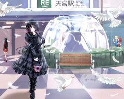 Rule 34 | 1boy, 3girls, bag, belt boots, bench, bird, black dress, black footwear, black hair, blurry, blush, boots, checkered floor, couple, date a live, day, dress, finger to mouth, finger to own chin, fountain, full body, hair over one eye, handbag, highres, looking at viewer, low twintails, multiple girls, outdoors, red eyes, smile, solo focus, standing, tokisaki kurumi, tsubasaki, twintails, water