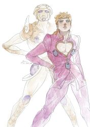 Rule 34 | 1boy, 1other, blonde hair, braid, brooch, bug, cleavage cutout, clothing cutout, commentary, giorno giovanna, gold experience, green eyes, hand on own hip, highres, insect, jewelry, jojo no kimyou na bouken, ladybug, male focus, mm jjba, pectorals, signature, single braid, stand (jojo), twitter username, vento aureo