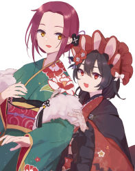 Rule 34 | 2girls, :d, black hair, black kimono, brown eyes, commentary request, floral print, flower, forehead, fur trim, gloves, green kimono, gucchiann, hair between eyes, hair flower, hair ornament, highres, ilya (new year) (princess connect!), ilya (princess connect!), japanese clothes, kimono, long sleeves, multiple girls, obi, open mouth, parted bangs, princess connect!, print kimono, red eyes, red flower, red hair, ruka (new year) (princess connect!), ruka (princess connect!), sash, see-through, simple background, sleeves past wrists, smile, white background, white gloves, wide sleeves