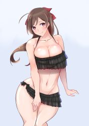 Rule 34 | 10s, 1girl, bare shoulders, baron (nsbaron), bikini, blue background, breasts, brown hair, cleavage, cowboy shot, curvy, gradient background, groin, highres, kantai collection, large breasts, long hair, mamiya (kancolle), navel, ponytail, red eyes, smile, solo, swimsuit, thighs, wide hips