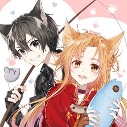 Rule 34 | 1boy, 1girl, animal ears, asuna (sao), black coat, black eyes, black gloves, black hair, braid, brown eyes, brown gloves, cat boy, cat ears, cat girl, cat teaser, choker, coat, collarbone, collared coat, commentary, fingerless gloves, french braid, gloves, gold trim, grin, hair between eyes, heart, heart background, high collar, highres, holding, holding cat teaser, holding stuffed toy, istriri, kirito, long hair, long sleeves, looking at viewer, open mouth, orange hair, paw print, paw print background, pink background, red choker, red coat, short hair, smile, stuffed animal, stuffed fish, stuffed mouse, stuffed toy, sword art online, upper body, white background
