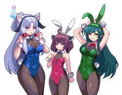 Rule 34 | 3girls, ahoge, animal ears, arms behind head, black pantyhose, blue bow, blue bowtie, blue leotard, bow, bowtie, breasts, brown hair, cat ears, cleavage, closed mouth, commentary, covered navel, cowboy shot, detached collar, e79, green hair, green leotard, groin, headgear, large breasts, leotard, long hair, looking at viewer, medium breasts, multiple girls, open mouth, pantyhose, pixel art, purple eyes, rabbit ears, rabbit tail, red bow, red bowtie, red eyes, red leotard, short hair, sidelocks, simple background, small breasts, tail, touhoku itako, touhoku kiritan, touhoku zunko, voiceroid, white background, white hair, wrist cuffs, yellow eyes