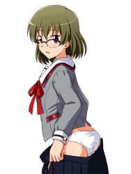 Rule 34 | 1girl, ass, bespectacled, black skirt, blouse, blush, bob cut, brown-framed eyewear, brown hair, clothes pull, collared shirt, commentary, crotch seam, from side, glasses, grey shirt, idolmaster, idolmaster million live!, idolmaster million live! theater days, lielos, long sleeves, looking at viewer, looking back, nagayoshi subaru, neck ribbon, open clothes, open mouth, open skirt, over-rim eyewear, panties, pleated skirt, pulled by self, red eyes, red ribbon, ribbon, school uniform, semi-rimless eyewear, shirt, short hair, simple background, skirt, skirt pull, solo, standing, underwear, undressing, uniform series (idolmaster), white background, white panties
