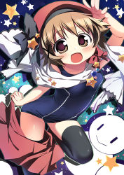 Rule 34 | 1girl, blush, brown eyes, brown hair, hat, hidamari sketch, looking at viewer, nagayama yuunon, one-piece swimsuit, open mouth, scarf, school swimsuit, short hair, skirt, snow, snowman, solo, swimsuit, swimsuit under clothes, thighhighs, undressing, yuno (hidamari sketch)