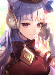 Rule 34 | 1girl, animal ears, armband, bare shoulders, belt, blunt bangs, blush, breasts, buttons, doushite, dress, ear covers, gloves, gold ship (umamusume), grey hair, highres, horse ears, horse girl, large breasts, long hair, looking at viewer, pillbox hat, purple eyes, red dress, smile, solo, umamusume, white gloves