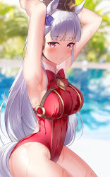 Rule 34 | 1girl, animal ears, armpits, arms behind head, arms up, blunt bangs, blush, breasts, ear covers, gold ship (umamusume), grey hair, grin, highleg, highleg swimsuit, highres, horse ears, horse girl, long hair, looking at viewer, one-piece swimsuit, pillbox hat, purple eyes, red one-piece swimsuit, shirosaba, smile, solo, swimsuit, thighs, umamusume, wet