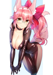Rule 34 | 10s, 1girl, :3, animal ears, blush, breasts, catsuit, cleavage, closed mouth, collarbone, eyewear strap, fate/extra, fate/grand order, fate (series), fox ears, fox tail, glasses, highres, koyanskaya (assassin) (first ascension) (fate), koyanskaya (fate), large breasts, leg up, long hair, looking at viewer, pink hair, ponytail, sidelocks, silveroid, smile, solo, tail, tamamo (fate), tamamo no mae (fate/extra), thick eyebrows, thigh gap, thighs, yellow eyes