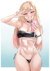 Rule 34 | 1girl, absurdres, arm up, artist name, black choker, blonde hair, blush, breasts, casual one-piece swimsuit, cellphone, choker, cleavage, covered navel, cowboy shot, ear piercing, earrings, ebakubaku, fingernails, gradient background, grin, gris swimsuit, groin, hand up, highres, holding, holding phone, hoop earrings, jewelry, kitagawa marin, large breasts, long fingernails, long hair, meme attire, nail polish, navel, one-piece swimsuit, outside border, parted bangs, phone, piercing, pink nails, red eyes, ring, see-through, see-through one-piece swimsuit, see-through swimsuit, smartphone, smile, sono bisque doll wa koi wo suru, standing, strapless, strapless one-piece swimsuit, stud earrings, swimsuit, underboob, v, v over eye, wristband