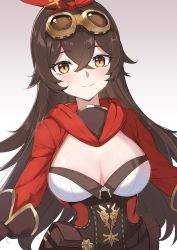 Rule 34 | 1girl, amber (genshin impact), blush, breasts, brown hair, cleavage, commentary, genshin impact, goggles, goggles on head, gradient background, grey background, hair between eyes, hair ribbon, highres, large breasts, long hair, long sleeves, looking at viewer, pouch, red ribbon, ribbon, shrug (clothing), smile, solo, upper body, very long hair, yellow eyes, zhourues