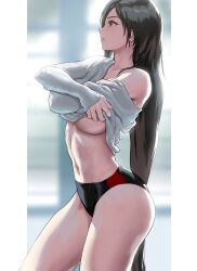 Rule 34 | 1girl, black hair, black panties, blurry, blurry background, breasts, clothes lift, crossed arms, dangle earrings, earrings, final fantasy, final fantasy vii, final fantasy vii remake, infi, jewelry, large breasts, lifting own clothes, long hair, navel, panties, parted lips, pillarboxed, red eyes, single bare shoulder, solo, stomach, sweater, sweater lift, thighs, tifa lockhart, toned, underboob, underwear, undressing, very long hair, white sweater