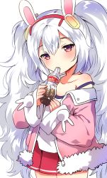 Rule 34 | 1girl, animal ears, azur lane, bottle, brown eyes, cola, commentary request, drinking, fake animal ears, hairband, holding, ichihaya, jacket, laffey (azur lane), long hair, looking at viewer, pleated skirt, simple background, skirt, solo, twintails, white background, white hair