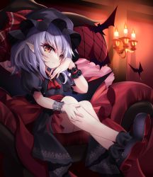 Rule 34 | 1girl, :t, absurdres, alternate color, ascot, bat (animal), black dress, black footwear, black hat, candle, chair, closed mouth, crossed legs, dress, full body, hat, hat ribbon, highres, indoors, looking at viewer, mob cap, pointy ears, pout, red ascot, red ribbon, remilia scarlet, ribbon, s vileblood, short sleeves, sitting, solo, touhou, touhou lostword, wrist cuffs