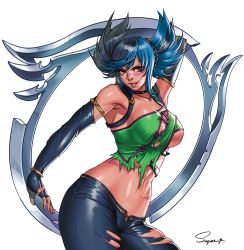 Rule 34 | 1girl, asymmetrical underboob, breasts, highres, huge weapon, large breasts, mole, mole under eye, namco, navel, revealing clothes, soul calibur, soulcalibur, soulcalibur vi, thighs, tira (soulcalibur), torn clothes, weapon
