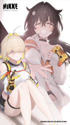 Rule 34 | 2girls, ahoge, artist request, blonde hair, brown hair, closed eyes, clothing cutout, commentary, controller, cropped jacket, elegg (nikke), english commentary, food, game controller, goddess of victory: nikke, hair between eyes, hair intakes, hair over one eye, highres, holding, holding controller, holding game controller, jacket, kamaboko, long hair, long sleeves, looking at another, medium hair, multiple girls, narutomaki, official art, purple eyes, reaching, reaching towards viewer, second-party source, shorts, shoulder cutout, sitting, smile, thigh strap, trony (nikke), twintails, white shorts